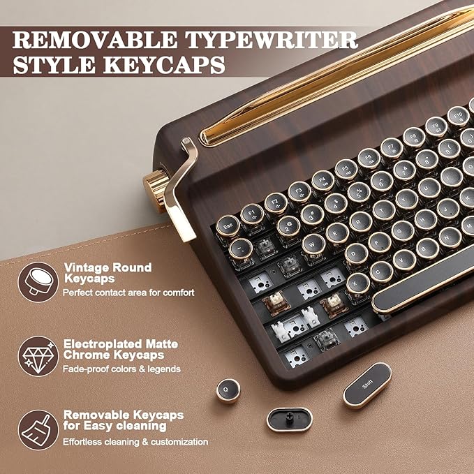 YUNZII QL75 Wireless Typewriter Hot Swap Retro Mechanical Keyboard,Punk Round Keycaps,RGB Backlit QMK/VIA Programmable, Multi-Device Keyboard with 2.4GHz/Type-C/BT5.0 (Wood, Onyx Switch)