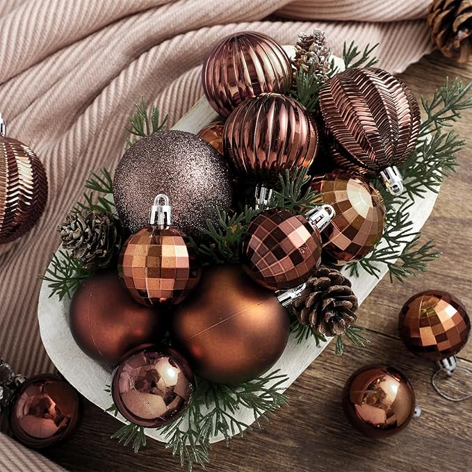 64 Pcs Neutral Brown Christmas Ball Ornaments Glitter Matte Brown Xmas Bulbs Ornaments 1.6/1.97/2.4 Inch Rustic Xmas Baubles Assorted Size Modern Christmas Decoration for Tree Home Indoor Decor