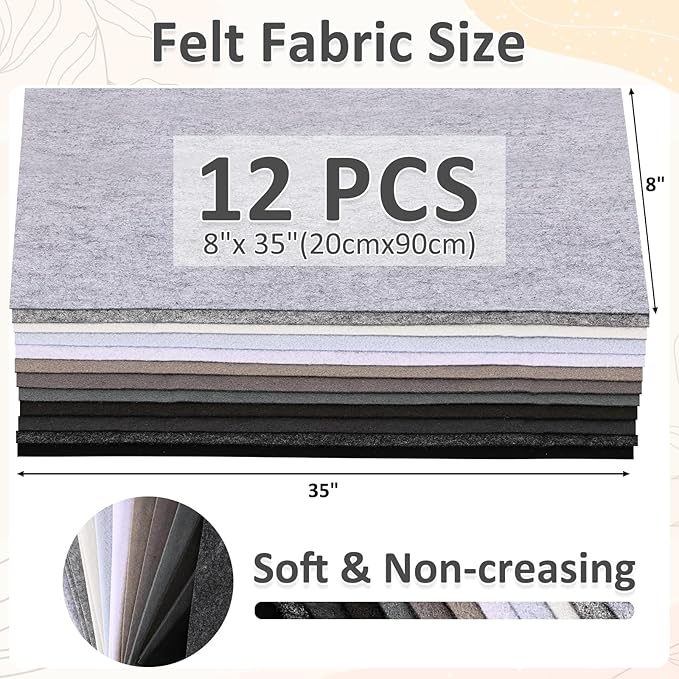 XSEINO 12 Rolls 8"x35"(20.5x90cm) 1.4mm Thick Soft Felt Fabric Sheet 12 Assorted Black White Gray Series Colors Felt Pack for DIY Craft Sewing Squares Nonwoven Patchwork