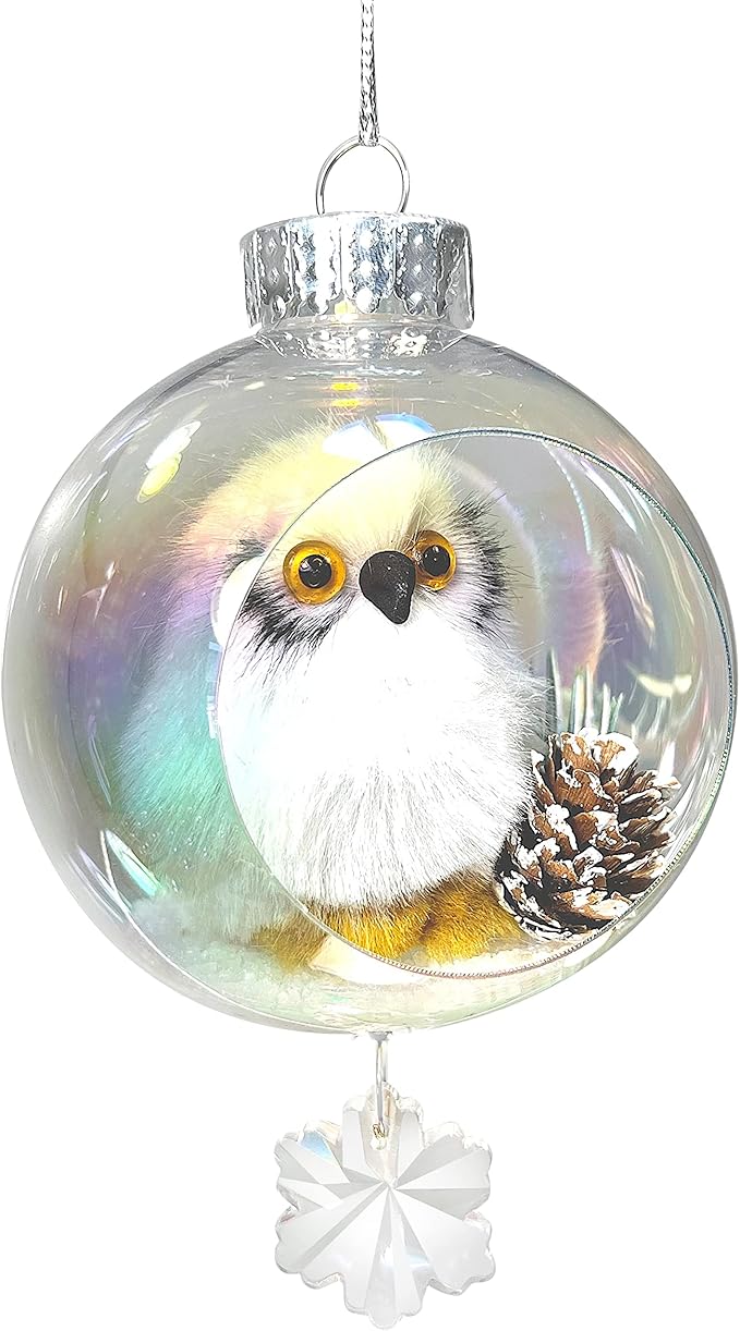 White Owl Christmas Ornament - Handmade Shatterproof Decorations for Indoor Outdoor Xmas Tree - Clear Ball Ornaments with Magnetic Crystal - Great Gift or Stocking Stuffer for Mom, Sister, Friend