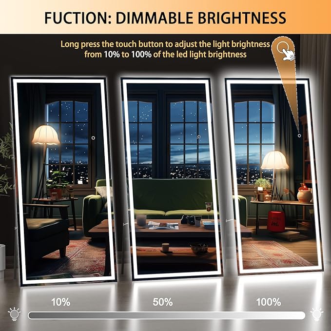 Hasipu Full Length Mirror with Lights, 79" x 32" LED Lighted Floor Standing Mirror, Full Body Dressing Hanging Mounted Mirrors, Dimmable, Tempered Glass, Safe to Use, Square Black