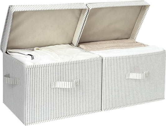 StorageWorks Fabric Storage Bins with Lid, Decorative Storage Boxes for Shelves, Stackable Closet Organizer Basket with Handles, Large, Gray and White Stripes, 2-Pack