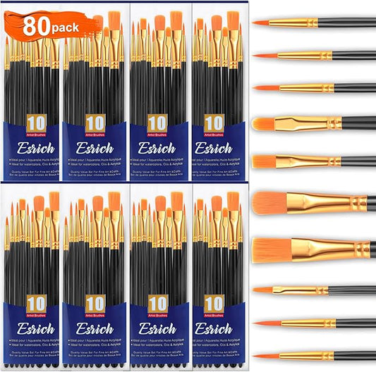 ESRICH Acrylic Paint Brushes Set,8Packs /80 Pcs Black Nylon Paintbrushes, Suitable for Acrylic Oil Watercolor Rock Body Face Nail Art,Perfect Suit of Art Painting, Best Gift for Kids Adult Drawing