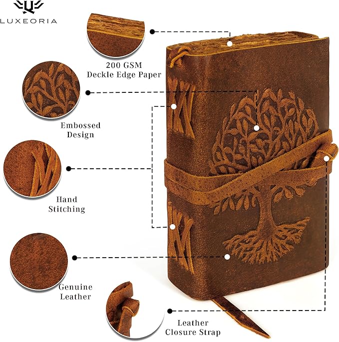 LUXEORIA Tree Of Life Leather Journal for Women and Men, Handcrafted Leather Journal for Writing Womens, Sketchbook, Travel Diary with Unlined Deckle Paper, Tan 5x7