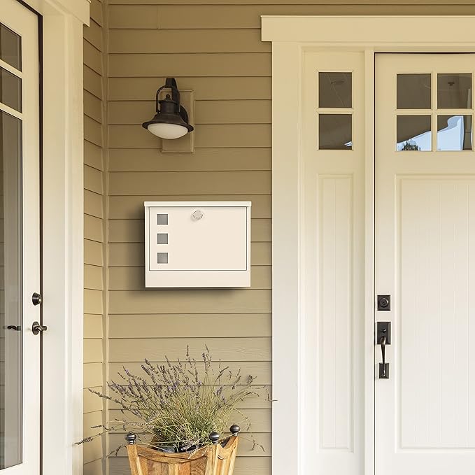 LAND·VOI Locking Mailbox Wall Mounted, Metal Postbox with Three Sets of Mail Box Number Stickers, 4 Keys, 14.4" x 4.5" x 11.2", Large Capacity, Textured White, AMB11W