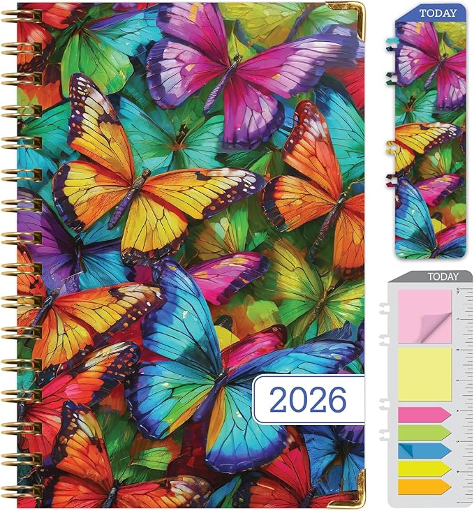 HARDCOVER 2026 Planner, 5.5"x8": 14 Months (November 2025 - December 2026), Daily Weekly Monthly Planner, Yearly Agenda, Bookmark, Pocket Folder and Sticky Note Set (Colorful Butterflies)