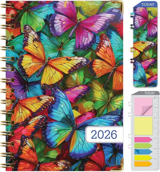 HARDCOVER 2026 Planner, 5.5"x8": 14 Months (November 2025 - December 2026), Daily Weekly Monthly Planner, Yearly Agenda, Bookmark, Pocket Folder and Sticky Note Set (Colorful Butterflies)