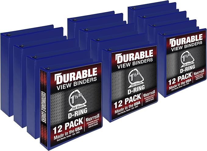 Samsill Durable 1.5 inch 3 Ring Binder, Made in USA, D Ring Binder, FSC 100% Recycled Chipboard, Blue, 12 Pack