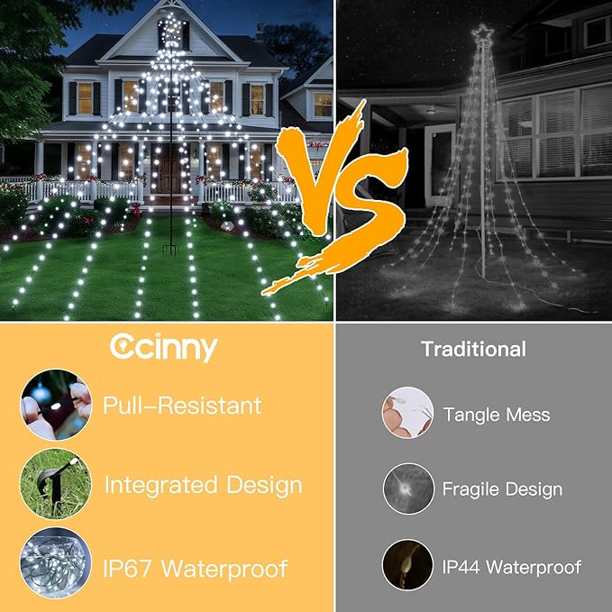 Christmas Tree Lights 340LED with Topper Star, IP67 Waterproof Remote Control Waterfall Lights with Pole, 16 Modes 3 Timers Dimmable Christmas Decorations for Outdoor Yard (White)