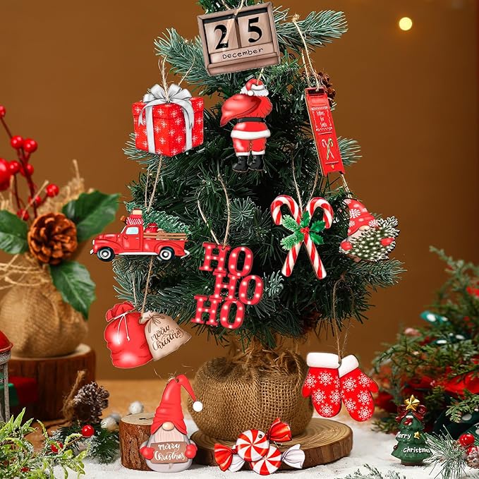 Huwena 36 Pcs Christmas Wooden Ornaments Red Christmas Decorations for Tree Snowman Gnomes Poinsettia Flowers Truck Wreath Wood Cutouts Tags with Ropes Winter Decor for Xmas Tree Gifts