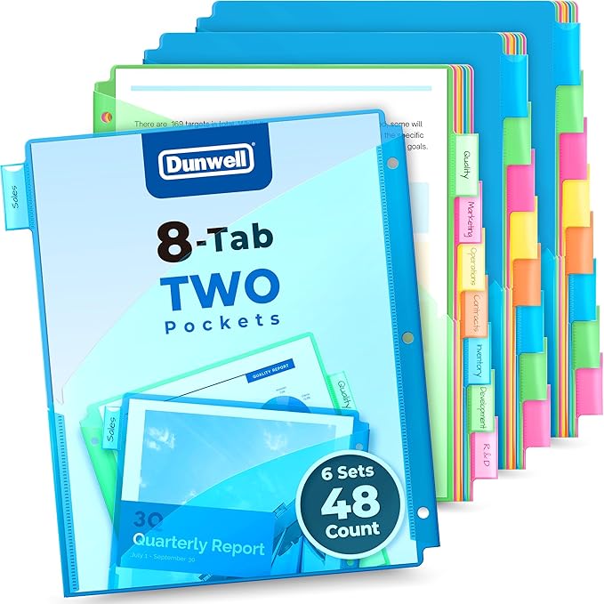 Dunwell 2-Pocket 8-Tab Divider Pockets, (6 Sets, 48 Count), 5 Colors, Plastic 8 Subject Notebook Tab Dividers for 3-Ring Binders, Includes Label Inserts, Durable Acid-Free Poly