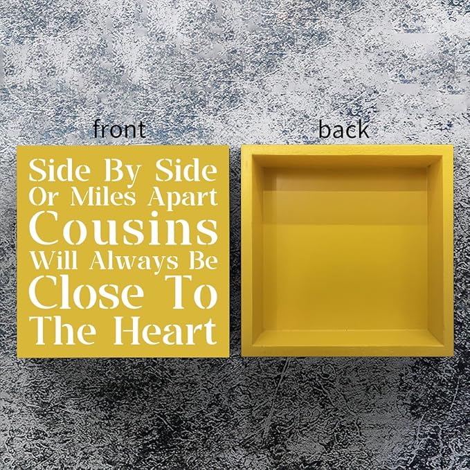 Cousin Wooden Box Sign Decorative Cousins Gifts Home Office Desk Decor for Tabletop Bookshelf Farmhouse Bedroom Library Dining Room Rustic Square Tiered Tray Wall Decor birthday Yellow