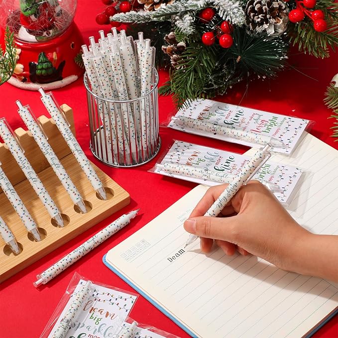 25 Sets Christmas Pens Bulk Christmas Employee Appreciation Gifts Bulk String Lights 0.7 mm Mechanical Pencils with Bookmarks Coworkers Xmas Gifts for Staff Teacher Office Team