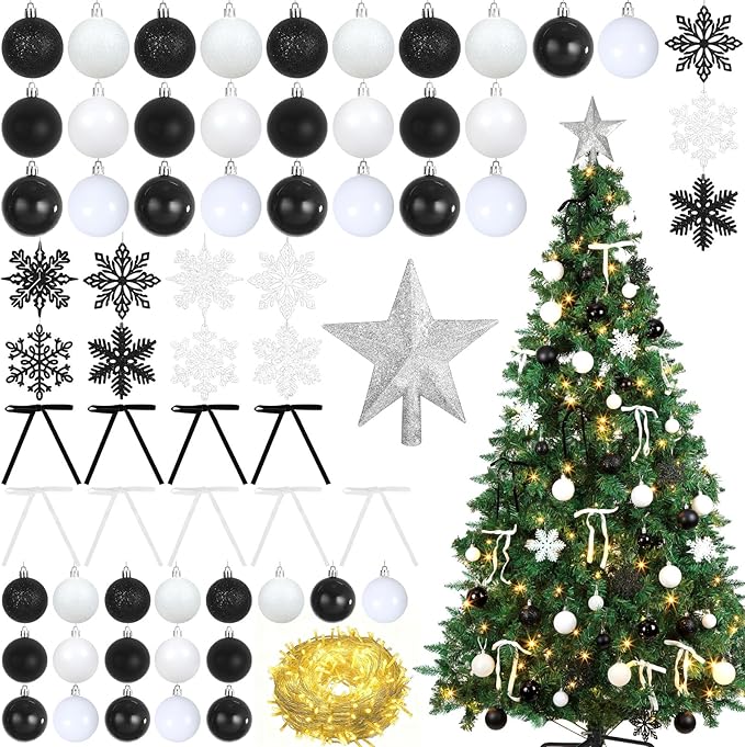86Pcs Led Light Black and White Christmas Tree Decorations Set 100 Led Light Christmas Star Trees Topper with String Lights Xmas Balls Snowflakes Ornaments Bows Xmas Trees Decor 20m Light String