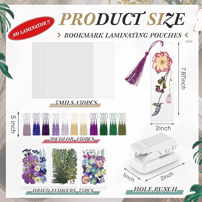 150 Pcs DIY Pressed Dried Flower Bookmark Making Kit, DIY Bookmark Bulk Thanksgiving Teacher Gifts for Reading Women Book Lovers(2 x 8 Inch,Purple)