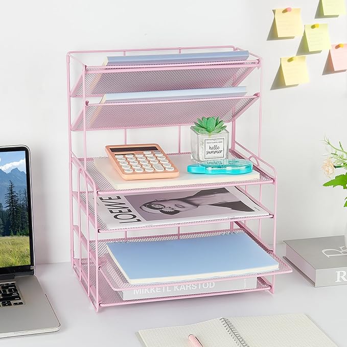 6-Tier Letter Tray Paper Organizer, Desk Organizers and Accessories, Desktop File Organizer, Office Desk Accessories for Office Supplies(Pink)