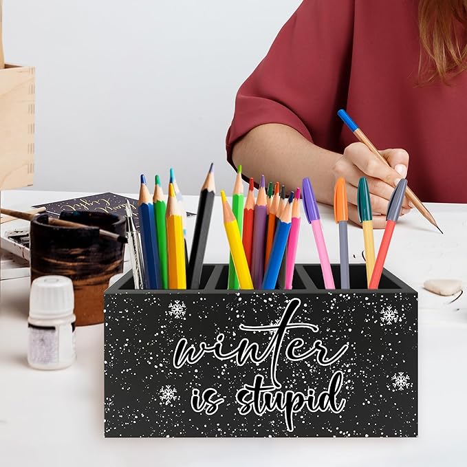 Funny Black Christmas Pen Pencil Holder Organizer for Desk, Winter Is Stupid Winter Snowy Xmas Snowflake Wooden Box Signs Decorations for Home Office Desk Tabletop