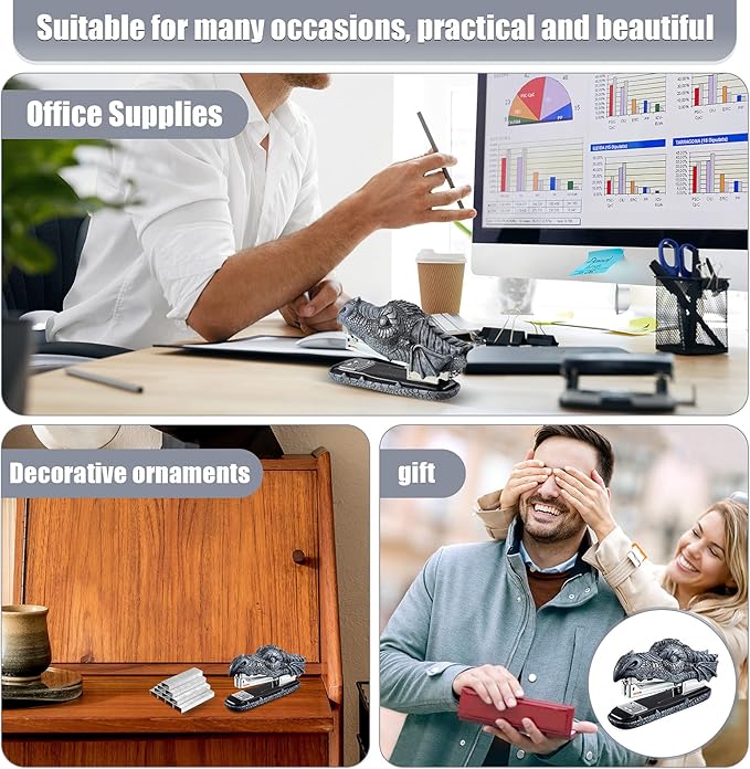 Pajean Dragon Stapler with 2000 Staples, Dragon Head Stapler Novelty Stapler Funny Carving Resin Faucet Stapler for Office Desk Stationery Desktop Accessory Home Decor(Grey)