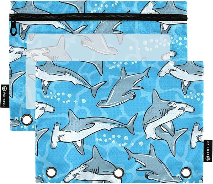 ZAZYXTJ Hammerhead Shark Binder Pencil Pouchs 3 Ring with Zipper Clear Window Office Organizers bag for School Students Teacher Supplies 2 Pack
