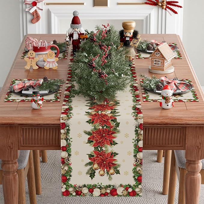 XCHI Christmas Poinsettias Leaves Bells Snowflakes Winter Xmas Table Runner Table Decoration for Home Kitchen Dining Holiday Decor 13x72 Inch