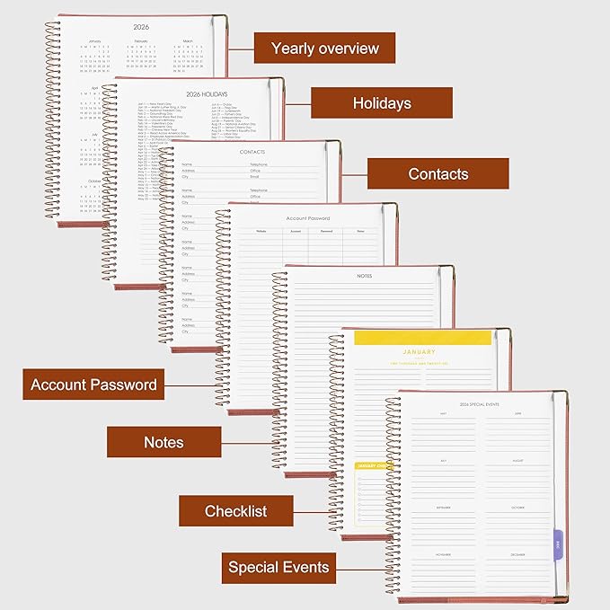 2026 Planner, Weekly and Monthly Calendar Planner Book,Dec 2025 - Dec 2026, Leather Hardcover Spiral Planner with Monthly Tabs, Notes Pages, Perfect for Women & Men, A4 (9.6" x 11.2") - Brown