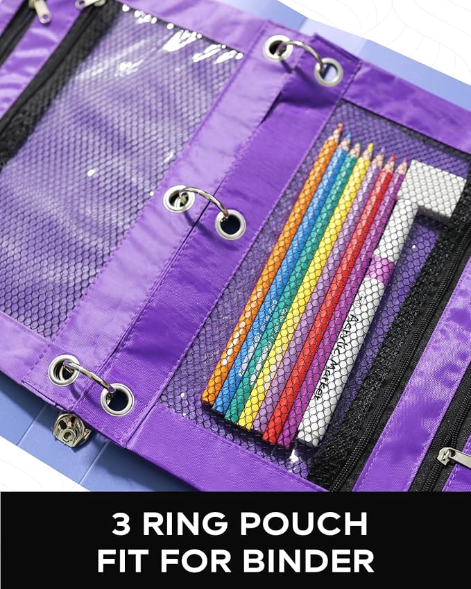 3 Ring Binder Pencil Pouch - School Pencil Case with 2 Zippered Pockets, Clear Mesh Window Pencil Bag, B5 Size, Back to School Gifts (Purple)