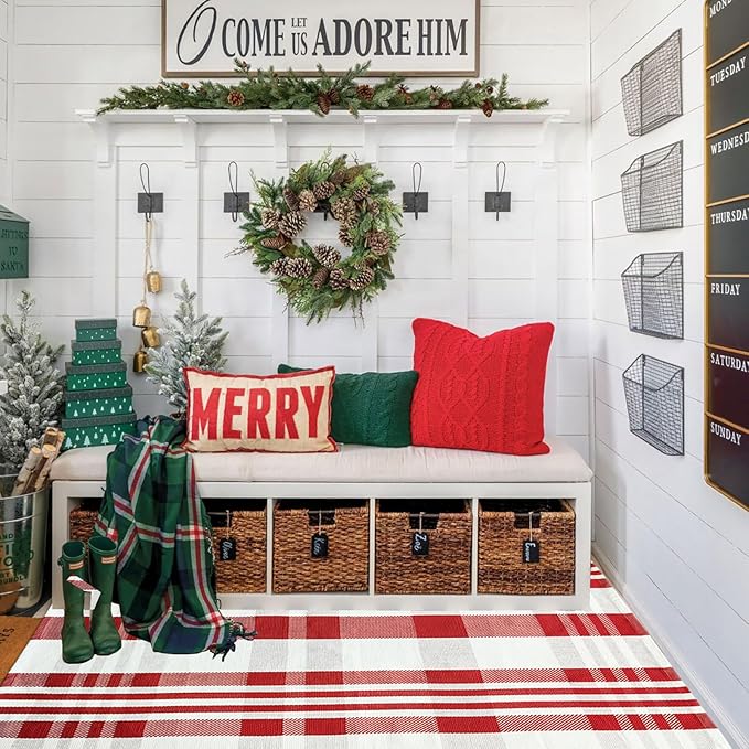 Christmas Door Mat Outdoor 4' x 6' Red and White Plaid Rug Christmas Decor Rug Cotton Hand-Woven Layered Door Mats Washable Carpet for Front Porch, Kitchen, Farmhouse, Entryway
