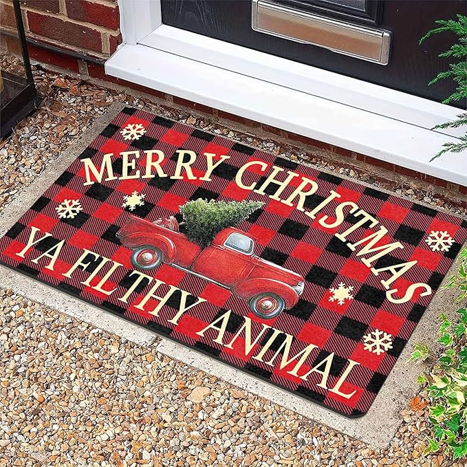 InterestPrint Merry Christmas Buffalo Plaid Truck Doormat, Red Plaid Door Mats with Non-Slip Backing Welcome Matt Outdoor Non Slip Rubber Entry Doormat Entrance Mat, 16" x 24" Inch
