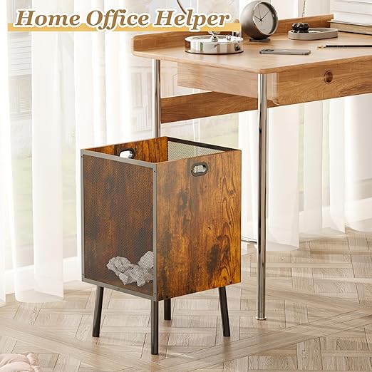 8.5 Gallon Retro Wooden Trash Can with Metal Mesh – Large Wastebasket with Handles & Legs | Under Desk Trash Can for Office or Home | Breathable Garbage Can | Stylish Office Waste Basket