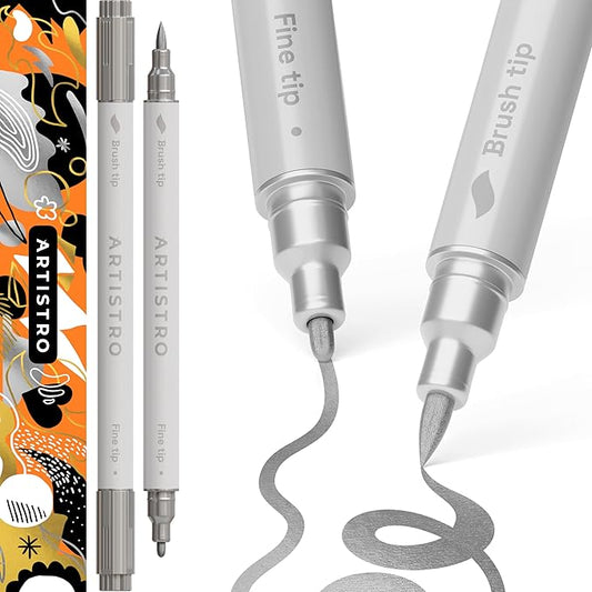 ARTISTRO 2 Silver Dual-Tip Acrylic Paint Pens - Multisurface Markers for Fabric, Plastic, & More, 1 mm Fine & Brush Tips