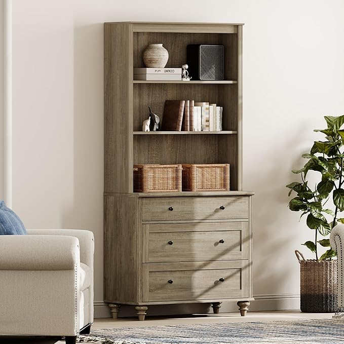 WAMPAT 72" Tall Bookcase Large Display Book Case Shelf with 3-Tier Open Book Shelfs, 3 Tier Farmhouse Style Bookshelf with 3 Drawers, Wood Bookshelves for Living Room or Study Room, Wash Grey