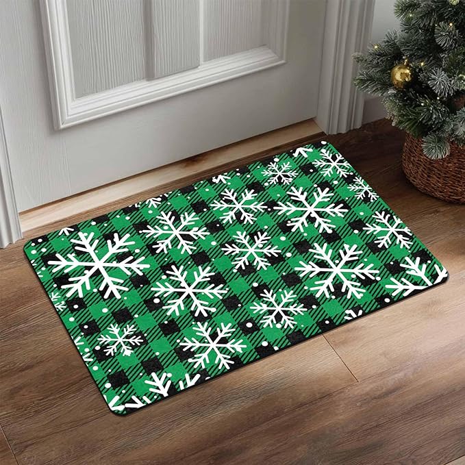 Merry Christmas Door Mat Xmas Snowflakes Doormat Non Slip Rubber Entry Front Porch Rugs Green Plaid Welcome Mats for Christmas Indoor Outdoors, 18" x 30"Inch