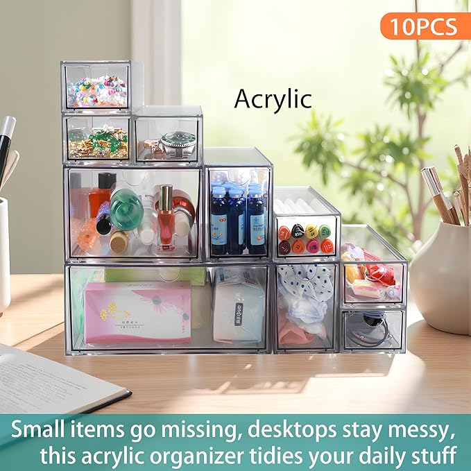 10 Pack Acrylic Makeup Organizer Clear Stackable Desk Organizers Dustproof Drawer for Make Up,Jewelry,Pen, Stationary