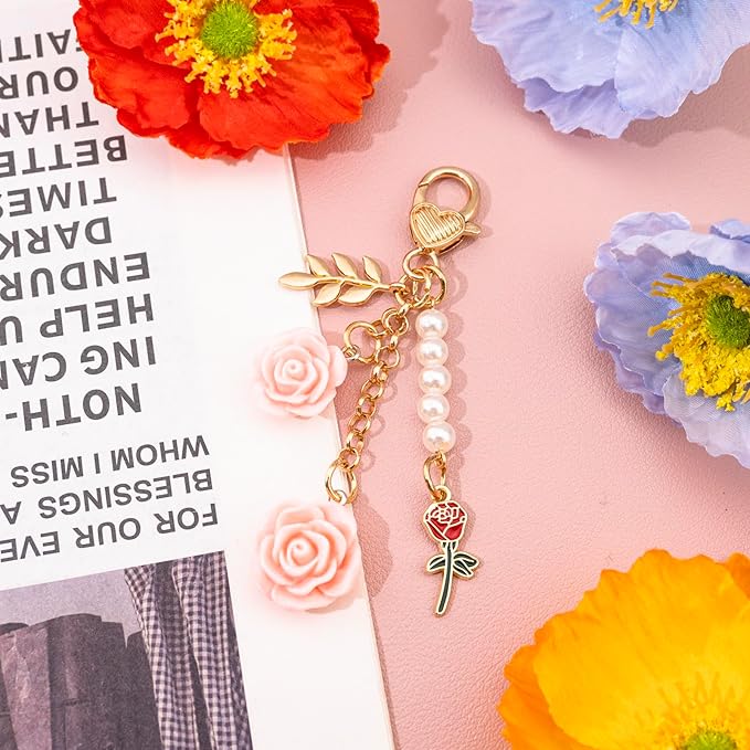 Rose Purse Charms Cute Flower Keychain With Heart Sticker Charm Chain For Kindle Colorful Bag Charms For Handbags