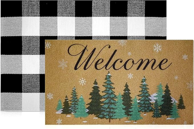 2 Pcs Christmas Welcome Doormats 30 x 17 Inch Christmas Pine Coir Door Mats for Front Doors Nonslip 2-in-1 Seasonal Buffalo Plaid Rug for Holiday Outside Entrance Porch Home Decor