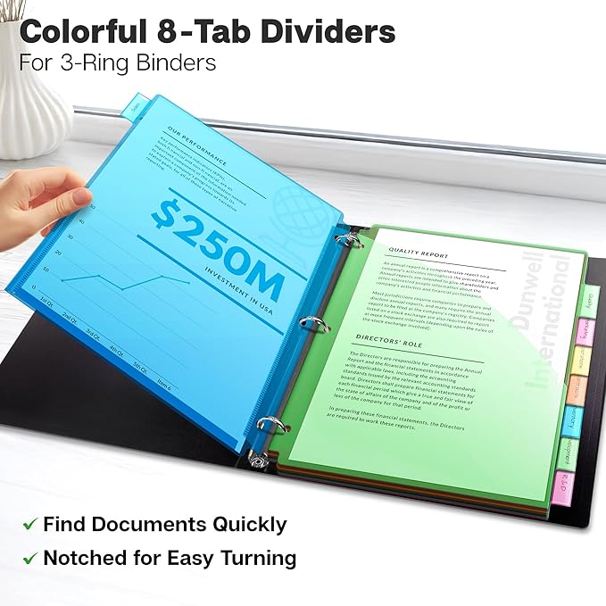 Dunwell 8-Tab Binder Dividers with Slash Pocket, Plastic 1 Pocket Dividers with Index Tabs for 3 Ring Binder, Multicolor, Poly Subject Notebook Divider, Binder Pocket Includes Label Inserts