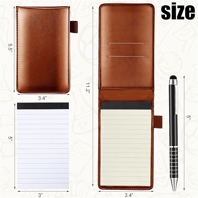 Outus 10 Pcs Pocket Notebook with Pen Set Included Mini Pocket Notepad Holder with 50 Lined Sheets, Metal Pen, 8 Pcs 3 x 5 Inch Memo Book Refills, 30 Lined Paper Per Note Pad (Brown)