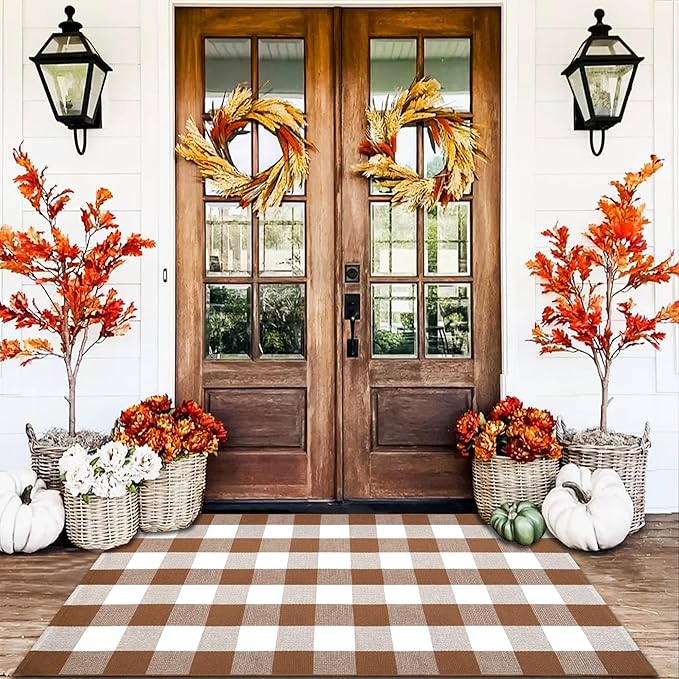 Buffalo Plaid Outdoor Rugs, 4'x6' Coffe and White Checkered Area Rug, Layering Rug for Hello/Welcome Door Mat, Washable Cotton Woven Farmhouse Mat for Front Porch Décor