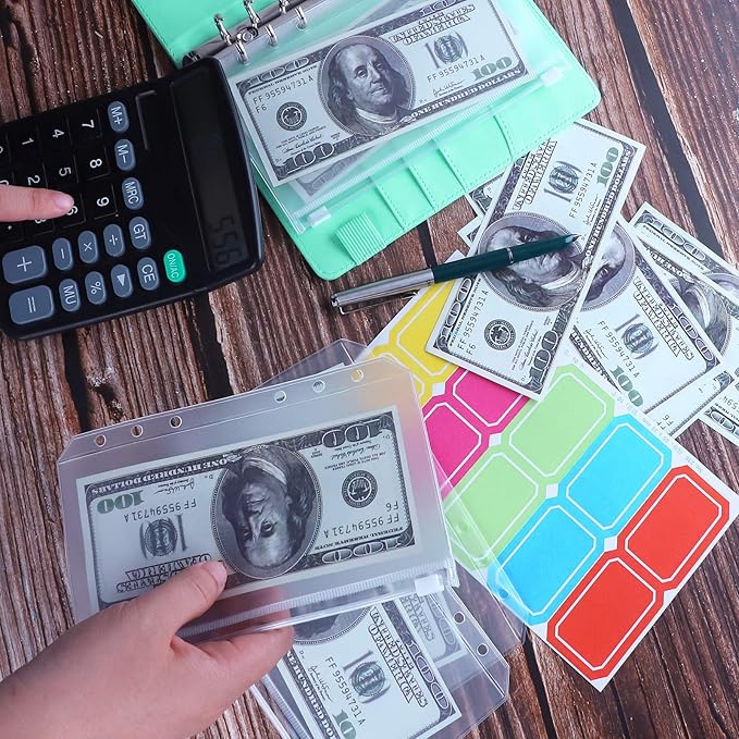 Antner A6 Budget Binder with Zipper Cash Envelopes for Money Organizer & Budgeting, PU Budget Planner Money Saving Binder with Cash Stuffing Envelopes & Labels for Home Office Travel, Light Green