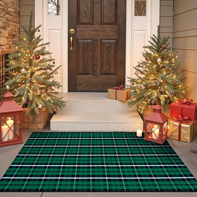 KIMODE Christmas Doormat Outdoor 3x5, Black and Green Buffalo Plaid Checkered Outdoor Rug, Washable Farmhouse Cotton Woven Door Mat Outside Entrance for Front Porch Entryway Patio Decor