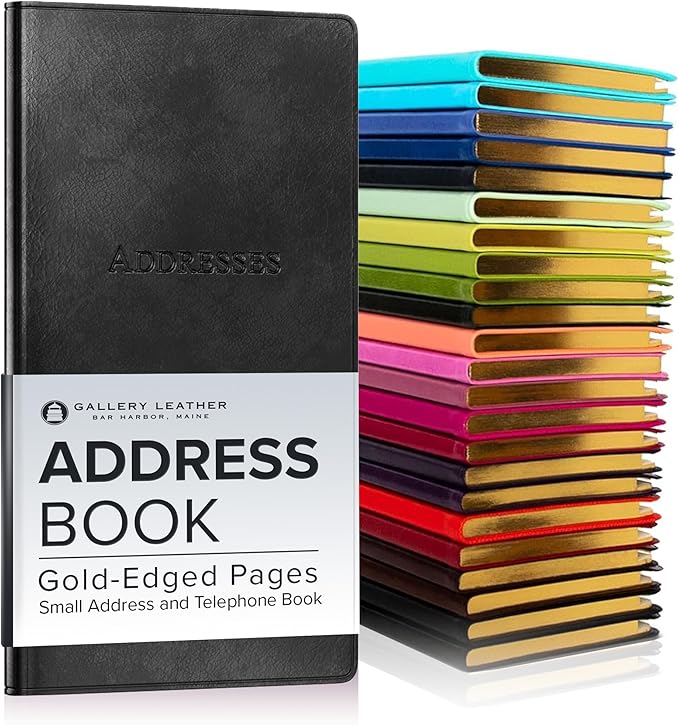 Gallery Leather Small Address Book with Alphabetical Tabs up to 403 Records, Leather Notebook Hardcover, Telephone and Address Books - 6x3.25", Pocket Address, Acadia Black