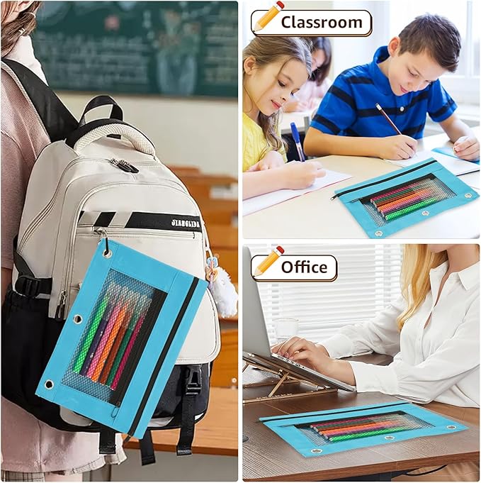 SHUESS 24 Pack Pencil Pouch for 3 Ring Binder, Bulk 3 Holes Zipper Pencil Pouches in 6 Assorted Colors, Durable Binder Pencil Pouch/Bag for Office Supplies