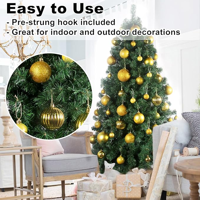 Gold 2.5" Christmas Balls Christmas Tree Decoration Ornaments Shatterproof Hanging Balls for Birthday Halloween Holiday Wedding Decorations Set of 24pcs