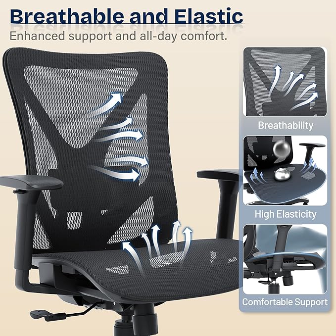 Ergonomic Office Chair, Mesh Computer Desk Chairs with Adjustable Lumbar Support, 3D Armrests, Tilt Function, Comfy Wide Seat, Swivel Executive Work Task Chair for Company and Home