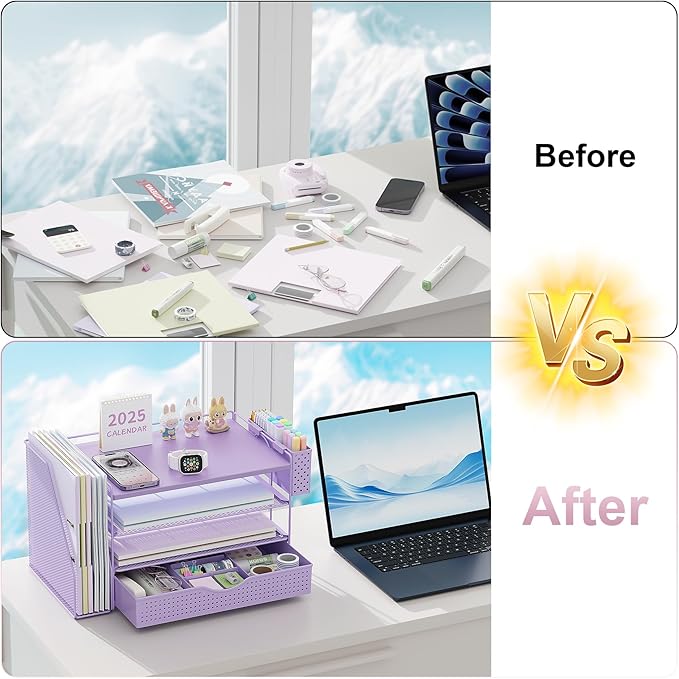 Wood Desk Organizers and Accessories with File Holder, 4-Tier Desk Accessories & Workspace Organizers with Drawer and Pen Holder, Paper Organizer for Office Supplies (Purple)