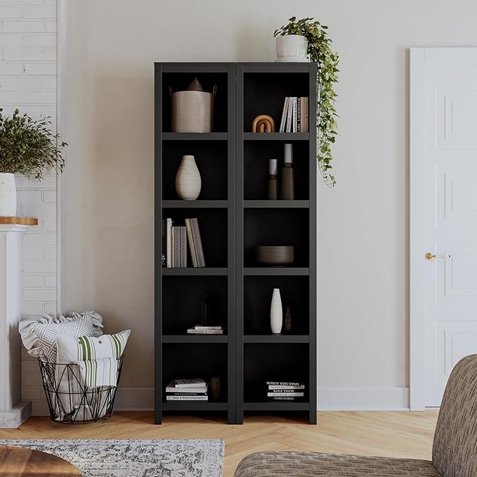 Prepac Moda 80" Tall 5-Tier Narrow Bookcase in Black, Modern Storage Accent Bookshelf with 3 Adjustable Shelves for Home, Office, Living Room, Bedroom