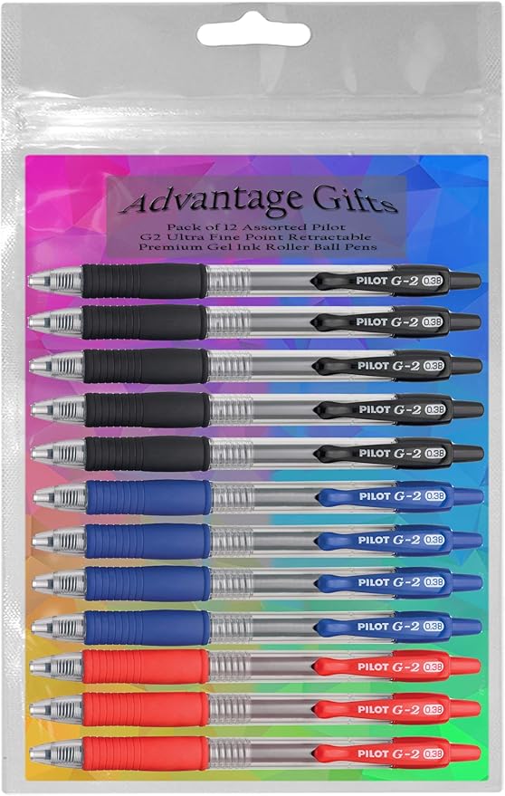 G2 Retractable Premium Gel Ink Roller Ball Pens Fine Point Fine Point (.7mm) Black/Blue/Red Ink 12-pk; Refillable & Premium Comfort Grip Bundle with Plastic Reusable Pouch