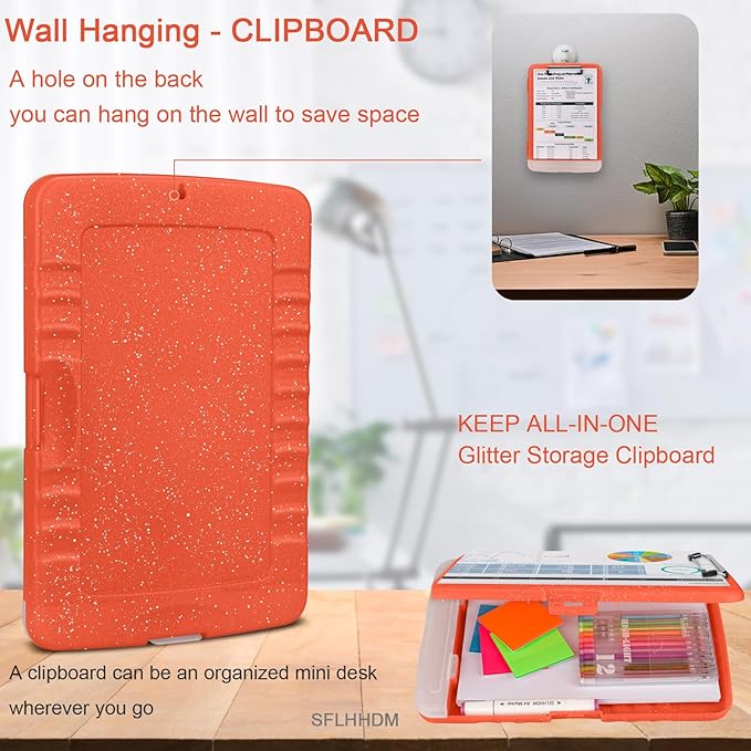 Glitter Clipboard with Storage,Storage Clipboard with Pen Holder,A4 Binder Clip Boards 8.5x11 with Low Profile Clip,Side Opening Sparkle Clipboards, Clipboards Folder for Office Supplies-Orange