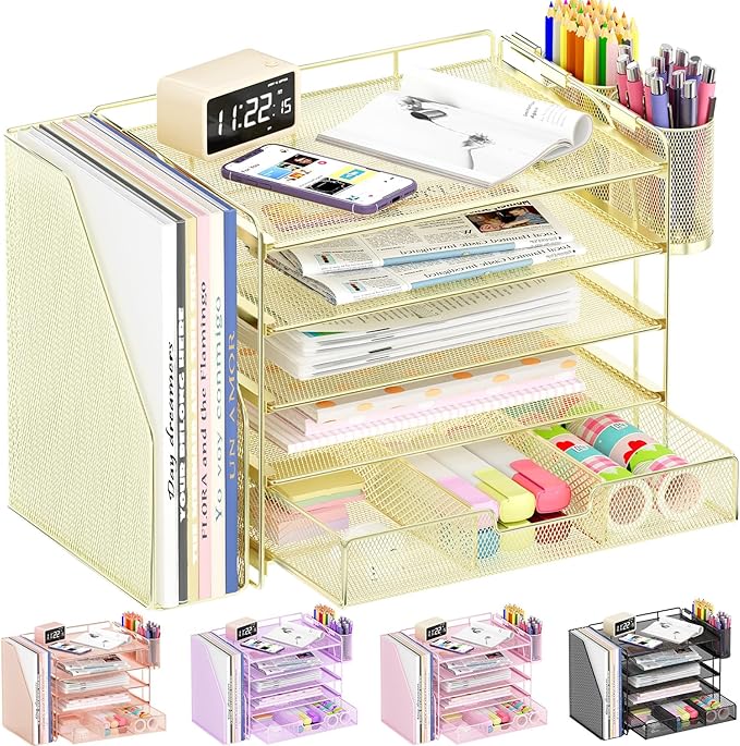 Desk Organizers and Accessories, 5-Tier Paper File Organizer with Drawer & Pen Holder, Office Desk Accessories Workspace Desktop Organizer for Office Supplies(Gold)