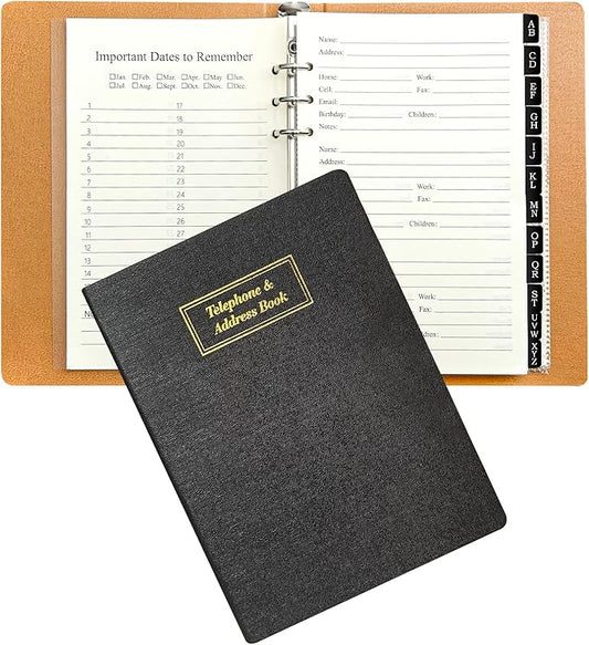 Refillable Address Book with Alphabetical Tabs, w/Pockets, 648 Large Print Telephone Birthday Email PU Leather Hardcover Durable for Women Men Seniors Home Office, 236Pages, A5, Black